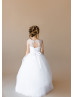 White Dots Tulle Keyhole Corset Back Flower Girl Dress With Beaded Belt